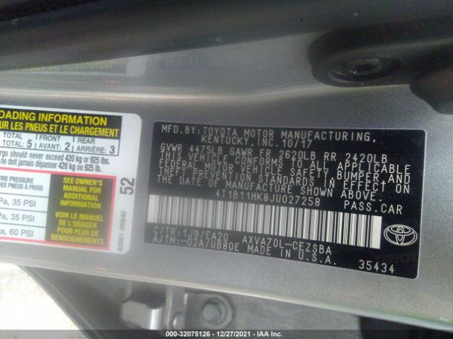 Photo 8 VIN: 4T1B11HK8JU027258 - TOYOTA CAMRY 