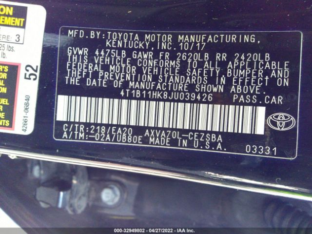 Photo 8 VIN: 4T1B11HK8JU039426 - TOYOTA CAMRY 