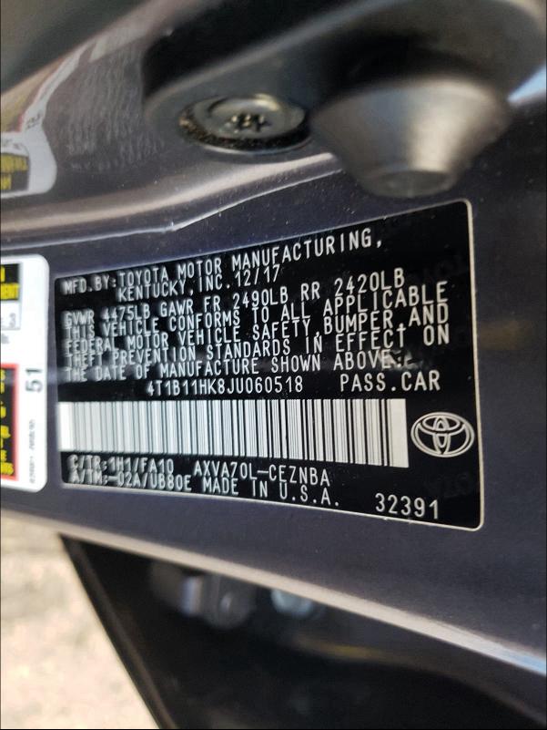 Photo 9 VIN: 4T1B11HK8JU060518 - TOYOTA CAMRY L 