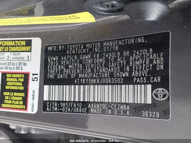 Photo 8 VIN: 4T1B11HK8JU063502 - TOYOTA CAMRY 