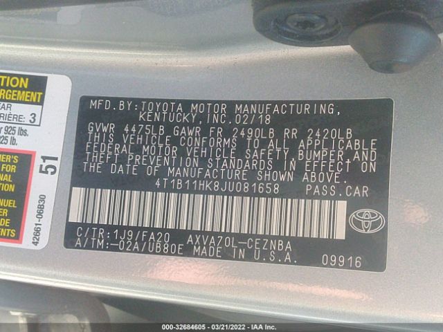 Photo 8 VIN: 4T1B11HK8JU081658 - TOYOTA CAMRY 