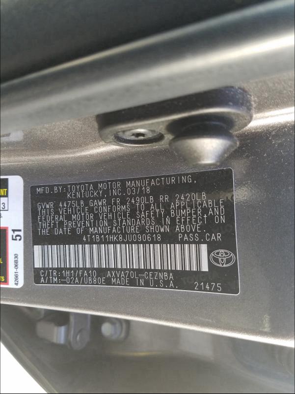 Photo 9 VIN: 4T1B11HK8JU090618 - TOYOTA CAMRY L 