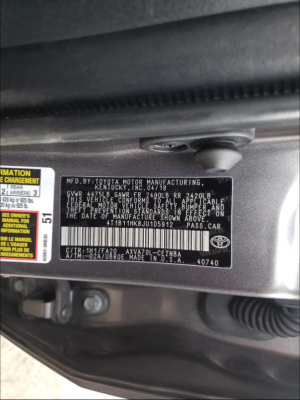 Photo 9 VIN: 4T1B11HK8JU105912 - TOYOTA CAMRY L 