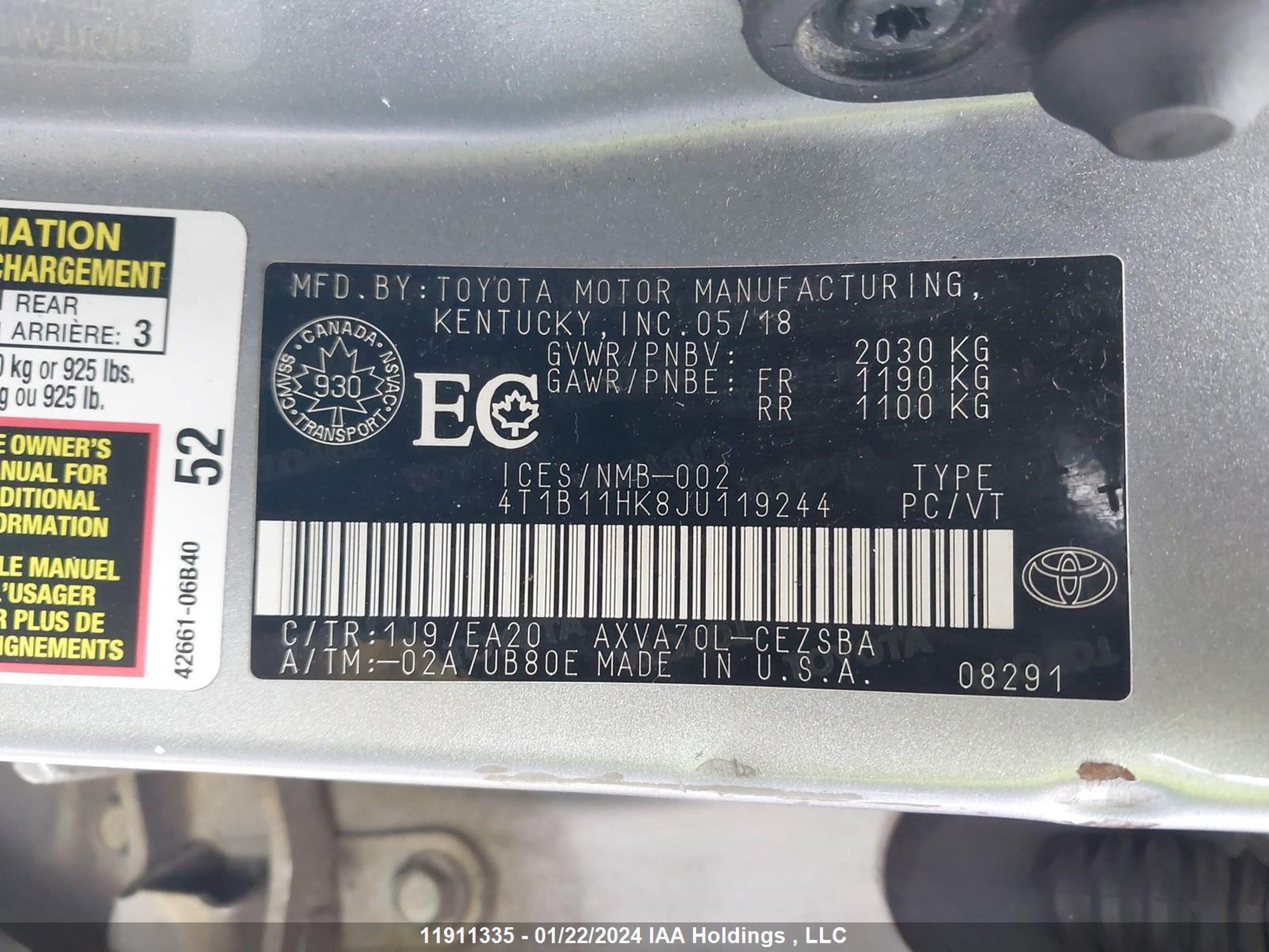 Photo 8 VIN: 4T1B11HK8JU119244 - TOYOTA CAMRY 