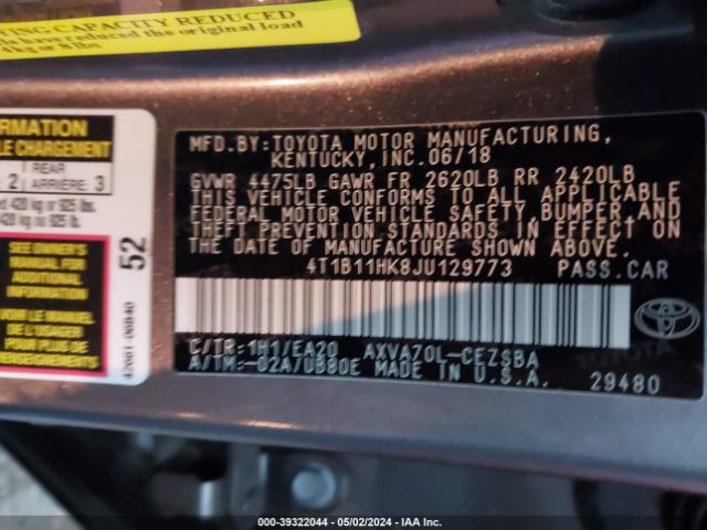 Photo 8 VIN: 4T1B11HK8JU129773 - TOYOTA CAMRY 