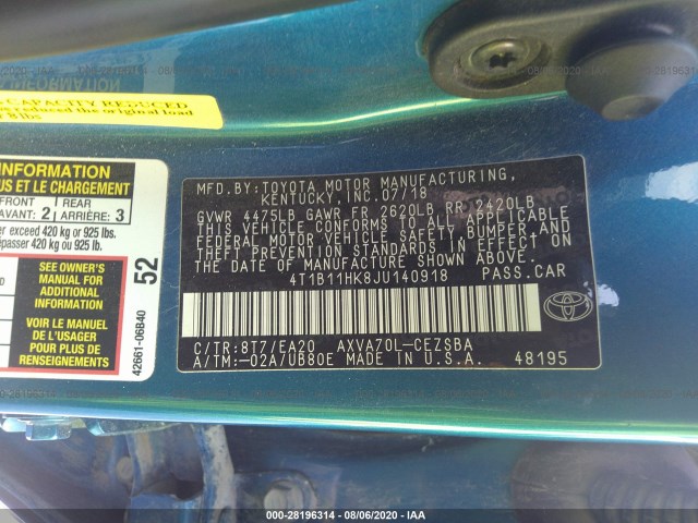 Photo 8 VIN: 4T1B11HK8JU140918 - TOYOTA CAMRY 