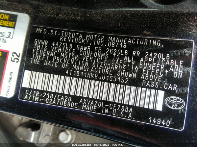 Photo 8 VIN: 4T1B11HK8JU153152 - TOYOTA CAMRY 