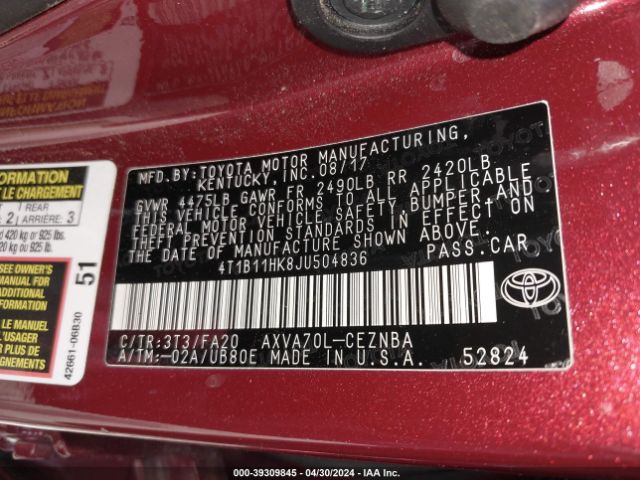 Photo 8 VIN: 4T1B11HK8JU504836 - TOYOTA CAMRY 