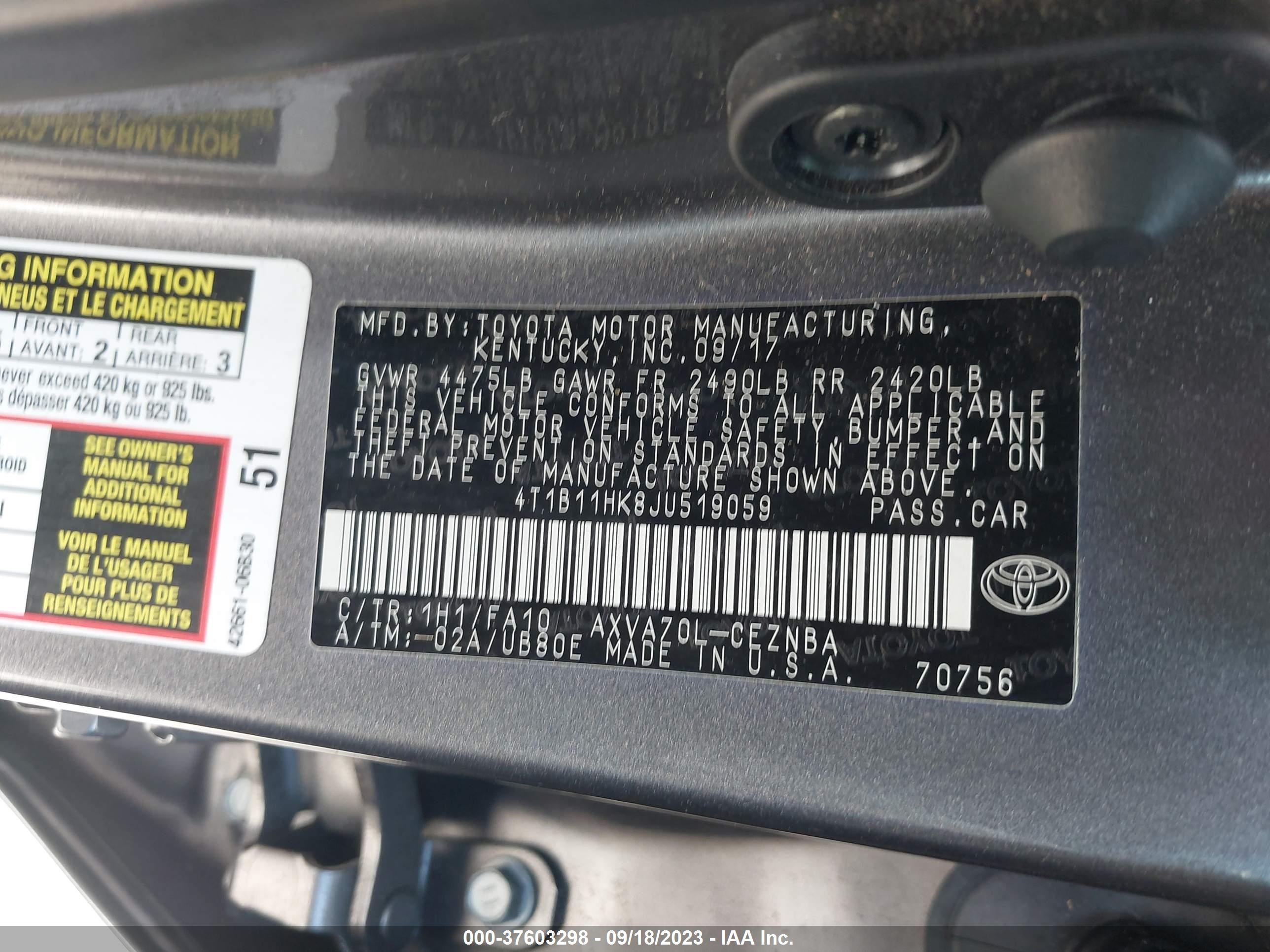 Photo 8 VIN: 4T1B11HK8JU519059 - TOYOTA CAMRY 