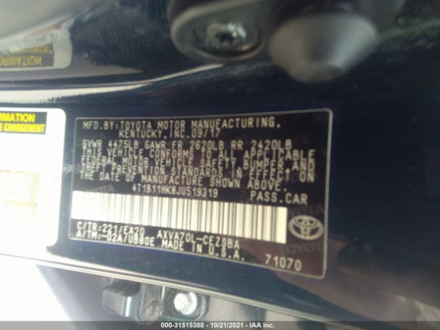 Photo 8 VIN: 4T1B11HK8JU519319 - TOYOTA CAMRY 