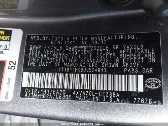 Photo 8 VIN: 4T1B11HK8JU524813 - TOYOTA CAMRY 