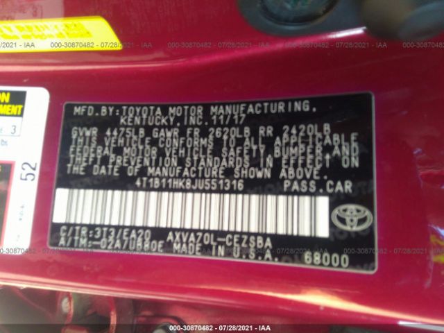 Photo 8 VIN: 4T1B11HK8JU551316 - TOYOTA CAMRY 