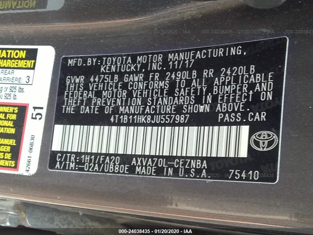 Photo 8 VIN: 4T1B11HK8JU557987 - TOYOTA CAMRY 