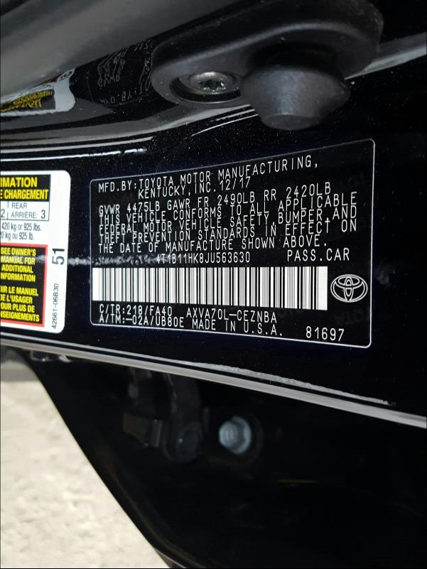 Photo 9 VIN: 4T1B11HK8JU563630 - TOYOTA CAMRY L 