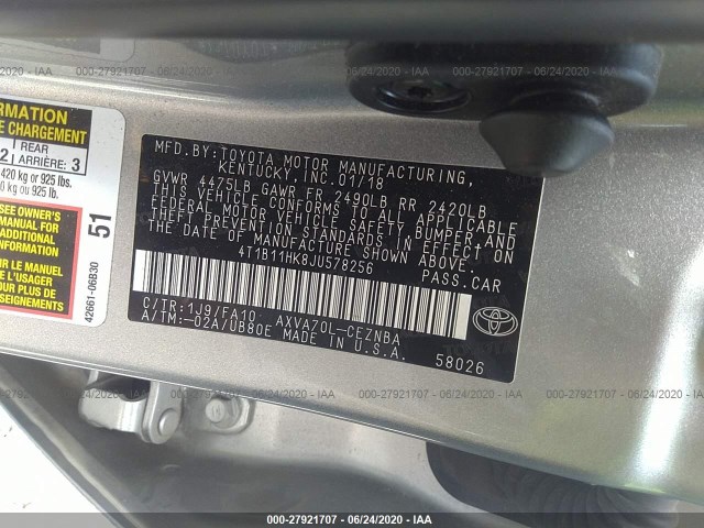 Photo 8 VIN: 4T1B11HK8JU578256 - TOYOTA CAMRY 