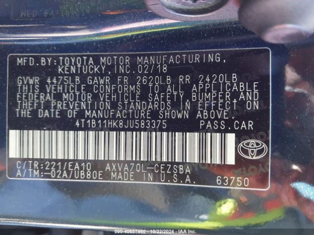 Photo 8 VIN: 4T1B11HK8JU583375 - TOYOTA CAMRY 