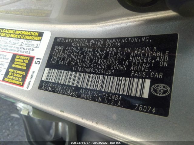 Photo 8 VIN: 4T1B11HK8JU594201 - TOYOTA CAMRY 