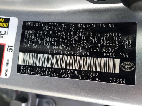 Photo 9 VIN: 4T1B11HK8JU595316 - TOYOTA CAMRY L 