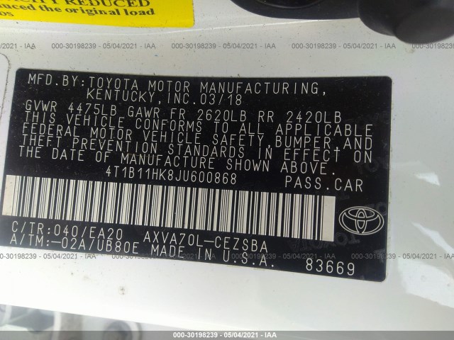 Photo 8 VIN: 4T1B11HK8JU600868 - TOYOTA CAMRY 