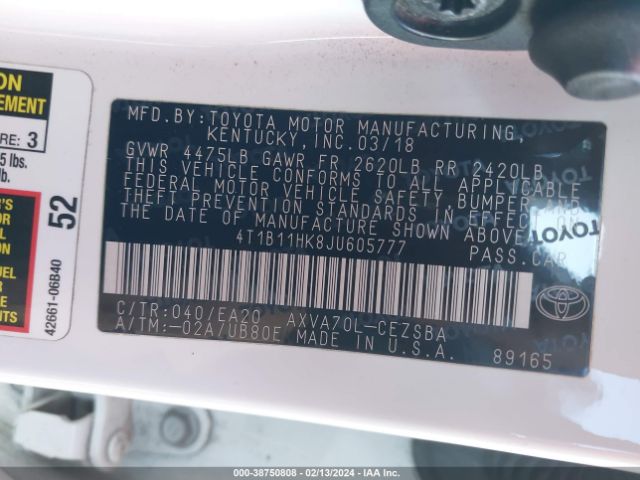 Photo 8 VIN: 4T1B11HK8JU605777 - TOYOTA CAMRY 