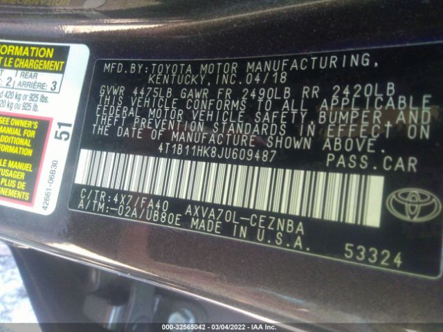 Photo 8 VIN: 4T1B11HK8JU609487 - TOYOTA CAMRY 