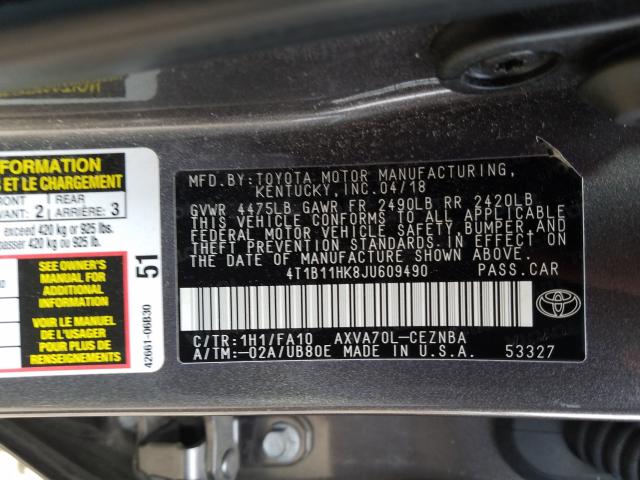 Photo 9 VIN: 4T1B11HK8JU609490 - TOYOTA CAMRY L 