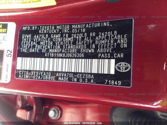 Photo 8 VIN: 4T1B11HK8JU626306 - TOYOTA CAMRY 