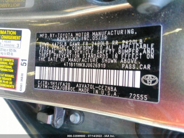 Photo 8 VIN: 4T1B11HK8JU626919 - TOYOTA CAMRY 