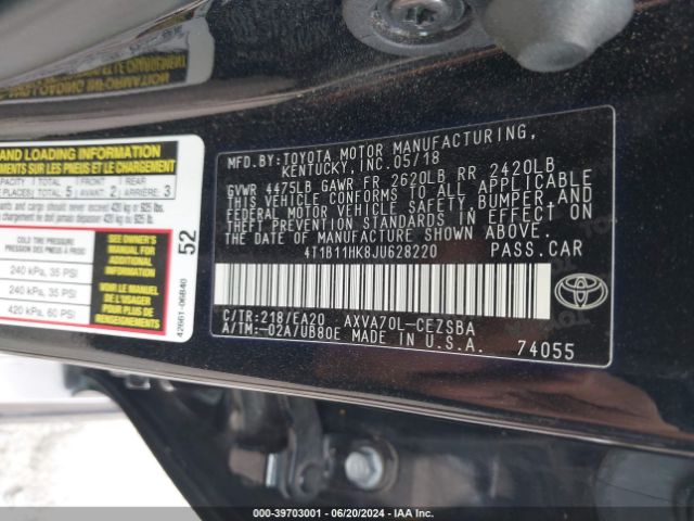 Photo 8 VIN: 4T1B11HK8JU628220 - TOYOTA CAMRY 