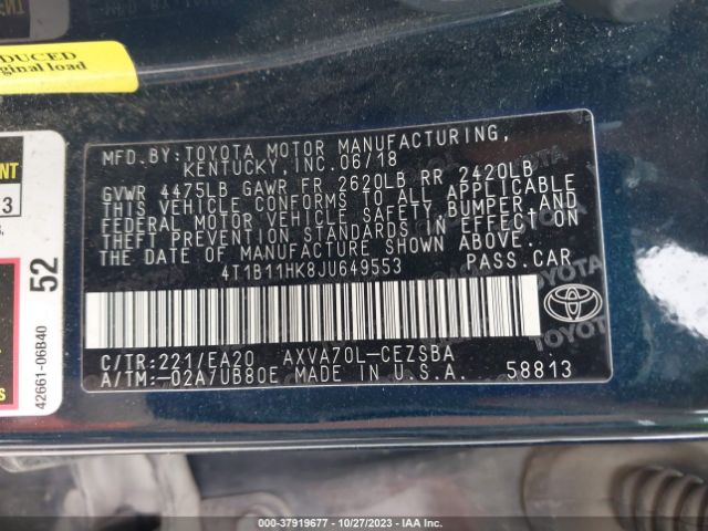 Photo 8 VIN: 4T1B11HK8JU649553 - TOYOTA CAMRY 