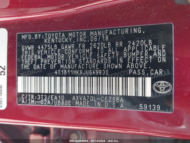 Photo 8 VIN: 4T1B11HK8JU649830 - TOYOTA CAMRY 