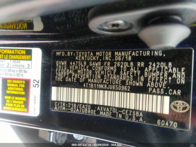 Photo 8 VIN: 4T1B11HK8JU650962 - TOYOTA CAMRY 