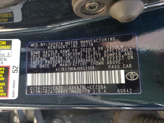 Photo 9 VIN: 4T1B11HK8JU651108 - TOYOTA CAMRY L 