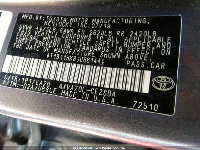 Photo 8 VIN: 4T1B11HK8JU661444 - TOYOTA CAMRY 