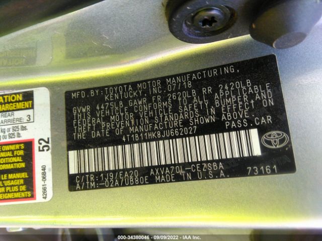 Photo 8 VIN: 4T1B11HK8JU662027 - TOYOTA CAMRY 