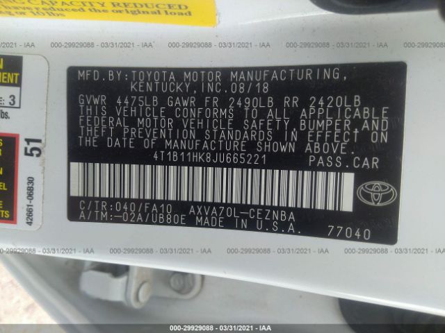 Photo 8 VIN: 4T1B11HK8JU665221 - TOYOTA CAMRY 