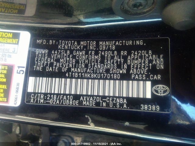 Photo 8 VIN: 4T1B11HK8KU170180 - TOYOTA CAMRY 