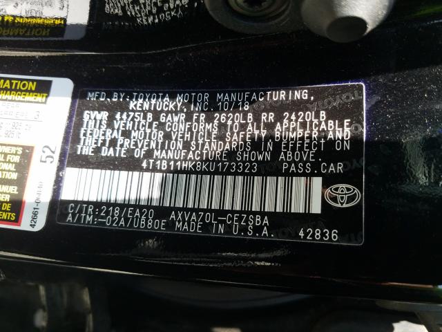 Photo 9 VIN: 4T1B11HK8KU173323 - TOYOTA CAMRY L 