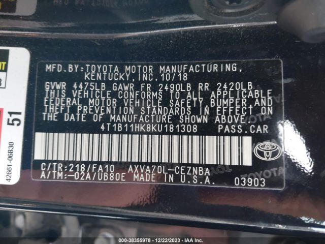 Photo 8 VIN: 4T1B11HK8KU181308 - TOYOTA CAMRY 