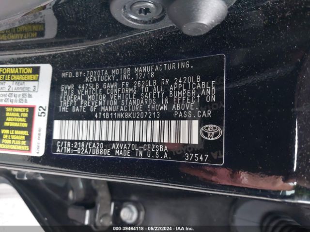 Photo 8 VIN: 4T1B11HK8KU207213 - TOYOTA CAMRY 