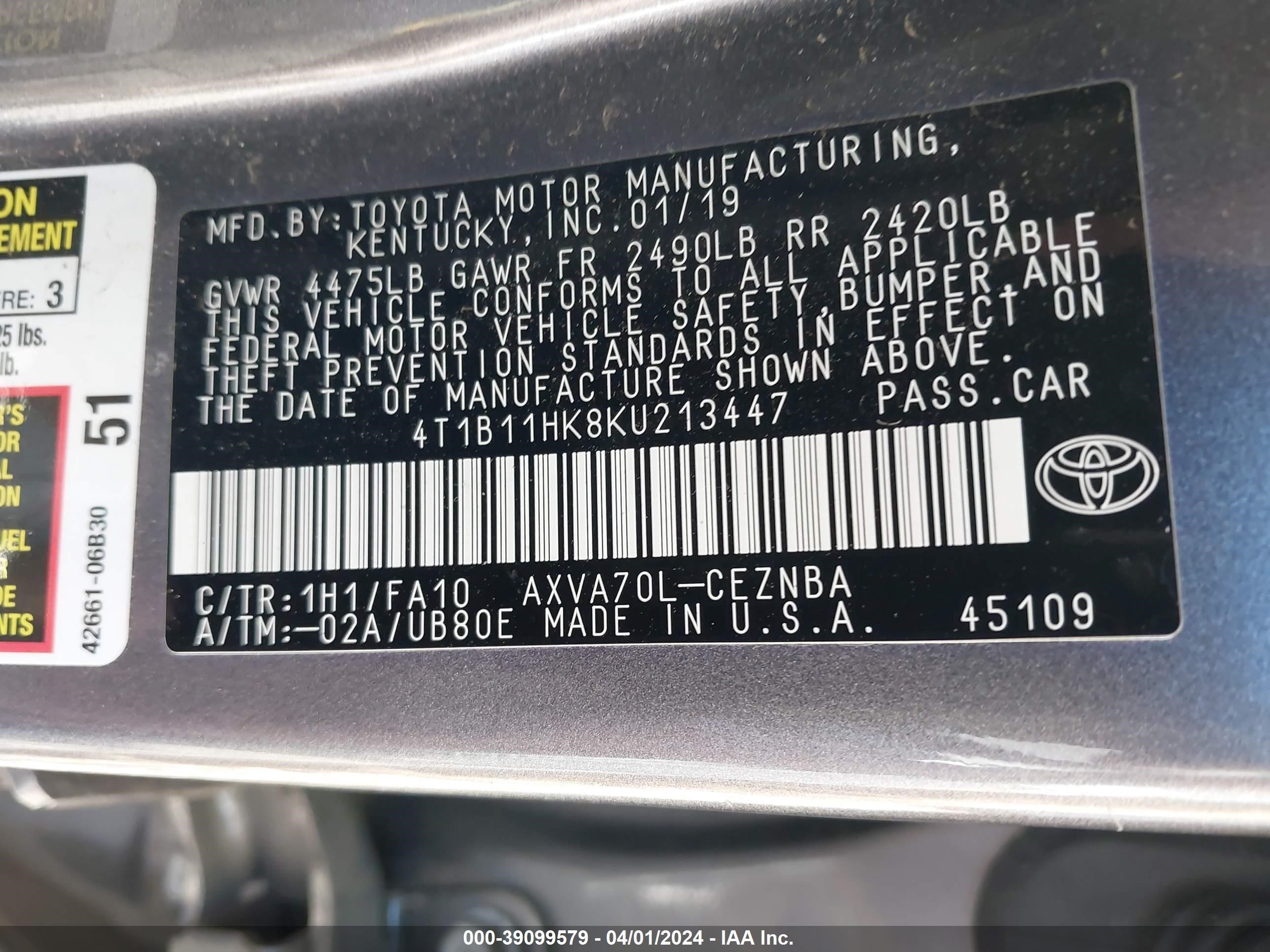 Photo 8 VIN: 4T1B11HK8KU213447 - TOYOTA CAMRY 