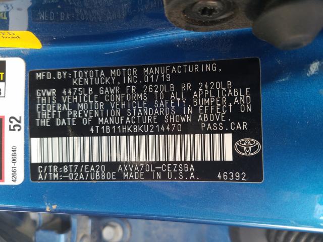 Photo 9 VIN: 4T1B11HK8KU214470 - TOYOTA CAMRY L 