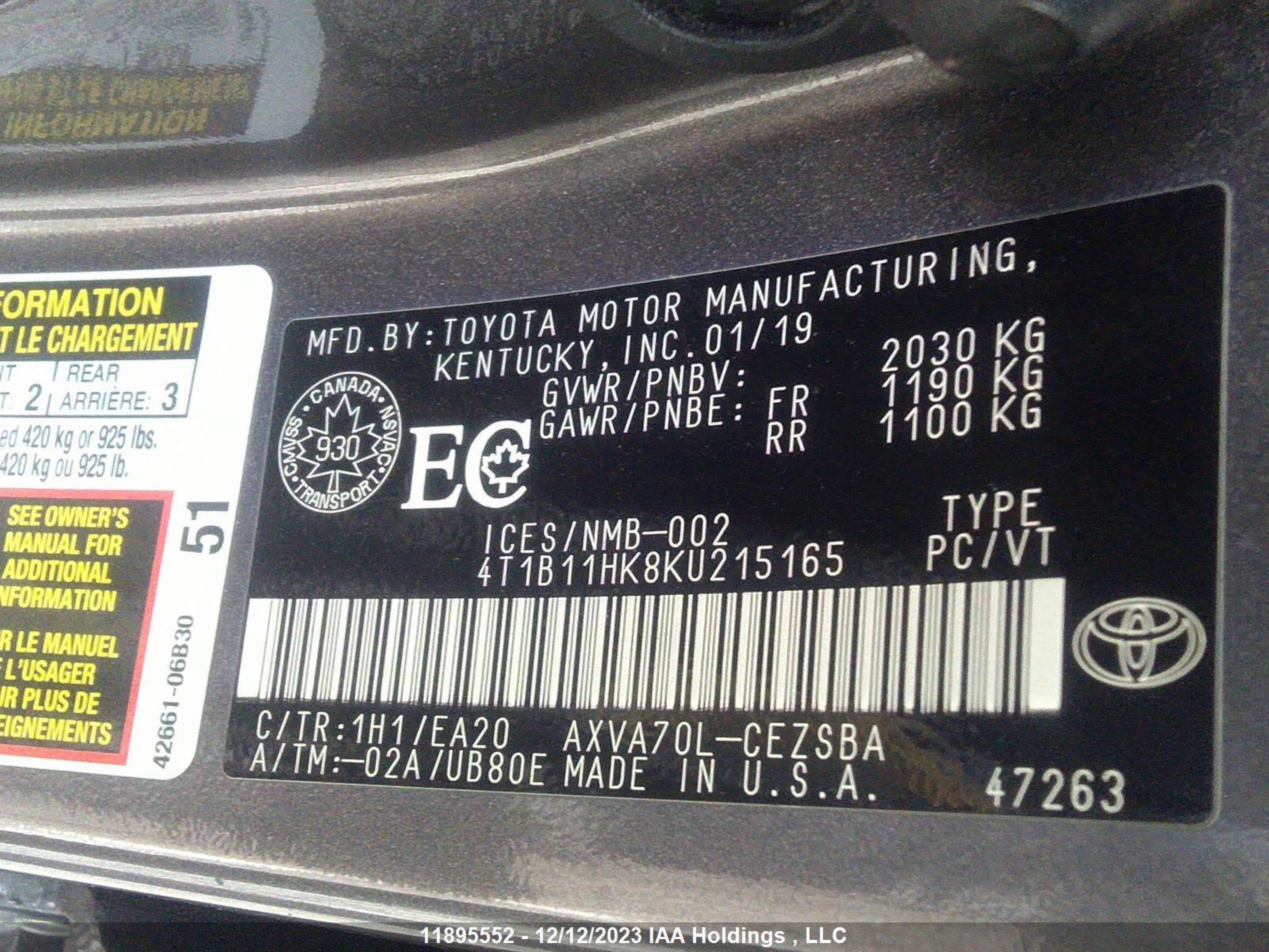 Photo 8 VIN: 4T1B11HK8KU215165 - TOYOTA CAMRY 