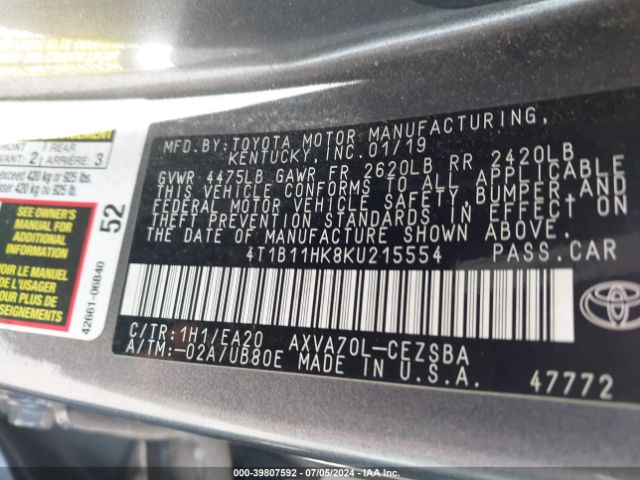 Photo 8 VIN: 4T1B11HK8KU215554 - TOYOTA CAMRY 