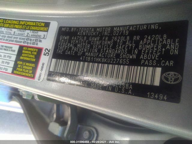 Photo 8 VIN: 4T1B11HK8KU227655 - TOYOTA CAMRY 