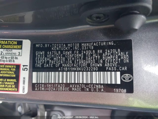 Photo 8 VIN: 4T1B11HK8KU232290 - TOYOTA CAMRY 