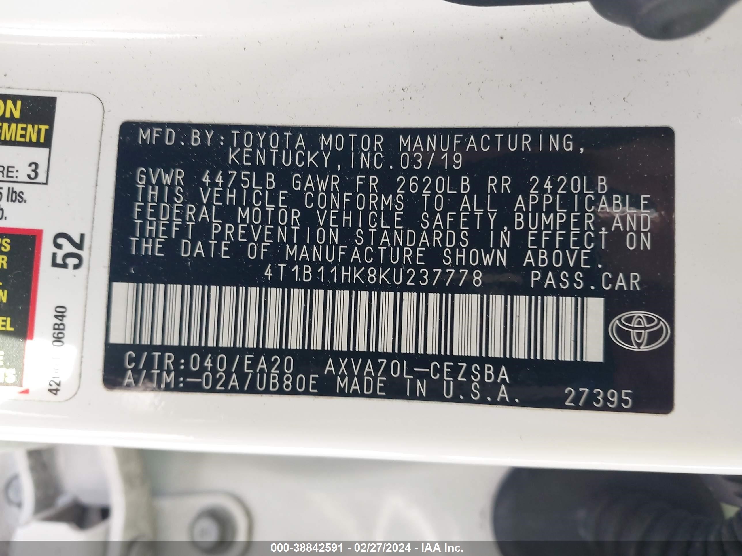 Photo 8 VIN: 4T1B11HK8KU237778 - TOYOTA CAMRY 