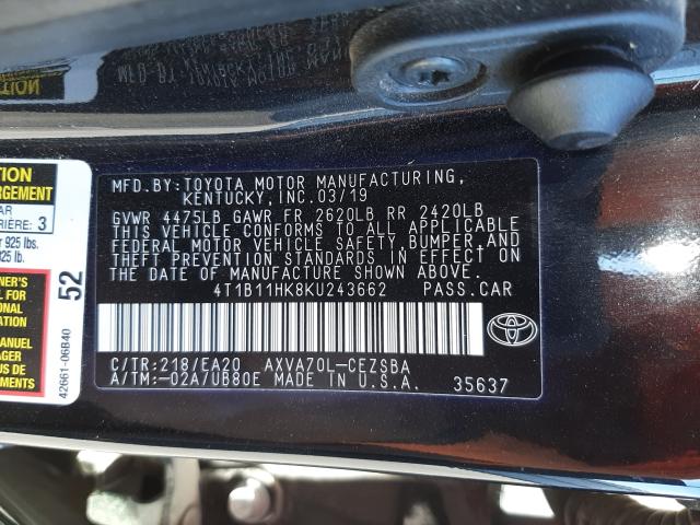 Photo 9 VIN: 4T1B11HK8KU243662 - TOYOTA CAMRY L 