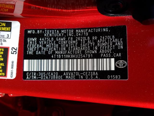 Photo 9 VIN: 4T1B11HK8KU254791 - TOYOTA CAMRY L 