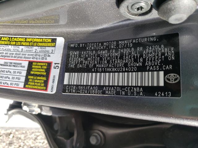 Photo 9 VIN: 4T1B11HK8KU284020 - TOYOTA CAMRY L 